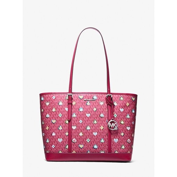 New Michael Kors Jet Set Large Printed Signature Logo Tote Bag Dark Raspberry - Picture 4 of 5